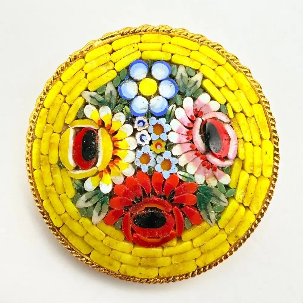 Vtg Micro Mosaic Millefiori Brooch Floral Yellow Red Blue Pink Green Italy 1.5